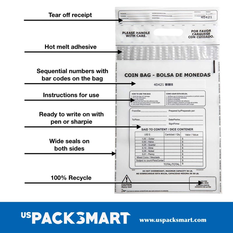 US PACK SMART Clear Plastic Coin Bag 12.5" x 21.5" | 50 lb. Capacity | Sequential Barcode Number, Self-Sealing, Permanent Adhesive, Ideal for Handling and Transport of Coins and Casino Chips | 50-Pack - Image 2